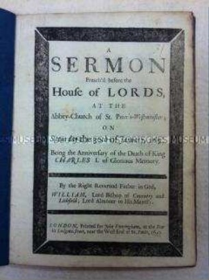 Gedächtnispredigt vor dem House of Lords aus Anlass des 48. Todestages von König Charles I. von England