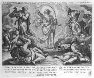 Verklärung Christi : Sadeler, Johann , nach Vos, Maarten de: Verklärung Christi. Illustration aus "Das Credo". Kupferstich; ca. 21 x 24,5 cm. Dresden: Kupferstich-Kabinett A 47 627 in A 1267, 1