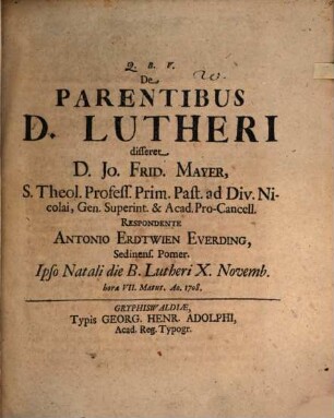 De parentibus D. Lutheri