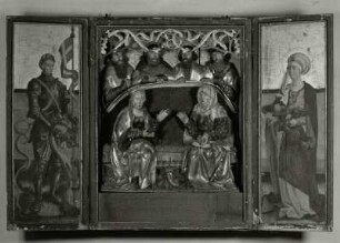 Flügelaltar : Flügelaltar (geöffnet). Temperamalerei auf Holz und geschnitzt, gefaßt; 145 x 112 cm (um 1515). Hainichen (Kreis Hainichen), Stadtkirche Sankt Trinitatis