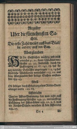 Register Uber die fürnehmsten Sachen