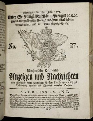 No. 27. Montags, den 1sten Julii 1771.