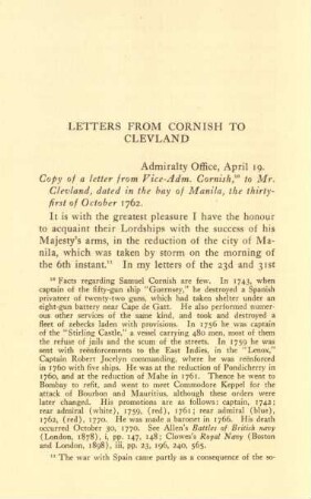Letters from Cornish to Clevland