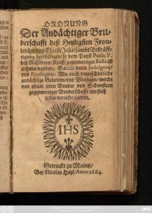 Ordnung Der Andächtiger Bruderschafft deß Heyligsten Fronleichnams Christi Jesu/