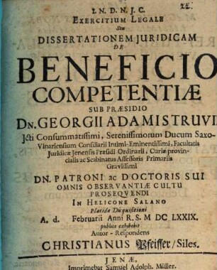 Exercitium legale sive dissertatio iuridica de beneficio competentiae