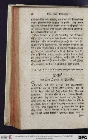 Brief der Lady Hariote an Clarissen