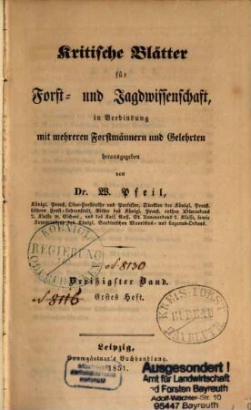 Kritische Blätter für Forst- und Jagdwissenschaft. 30. 1851