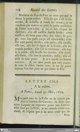 Lettre CXLI. A la même. A Paris, Lundi 23. Mai, 1672