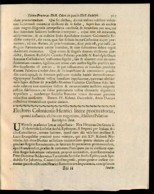 Electoris Coloniensis Henrici literae procuratoriae, quoad instantis electionis negotium, Electori Palatino Rudolpho datae