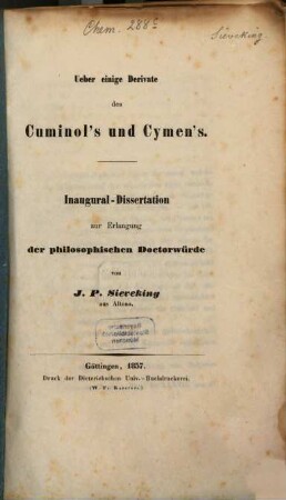 Über einige Derivate des Cuminol's und Cymen's : (Inaug.-Diss.)