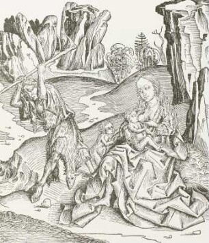 Adam und Eva nach der Vertreibung aus dem Paradiese : Adam u. Eva, mit primitiver Hacke, Holzschnitt, 1493