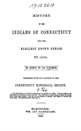 History of the Indians of Connecticut from the earliest known period to 1850