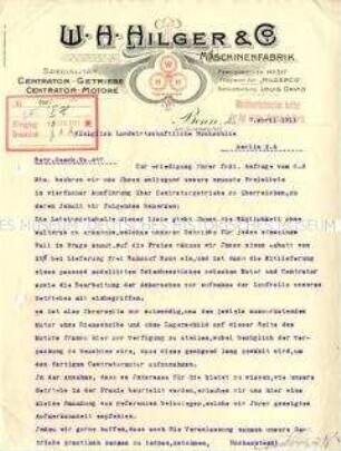 Geschäftbrief an die Königlich Landwirtschaftliche Hochschule zur Übersendung von Preislisten über Zentrator-Getriebe