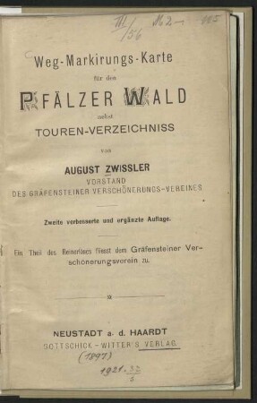 Weg-Markirungs-Karte für den Pfälzer Wald nebst Touren-Verzeichniss