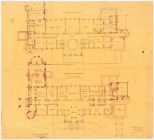 Schloss Koppitz Anbau an der Nordseite: Grundriss Erdgeschoss, 1. Obergeschoss (Veränderungen in roter Tinte)