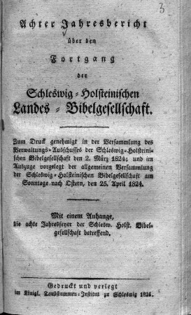 8.1824: Jahresbericht über den Fortgang der Schleswig-Holsteinischen Landes-Bibelgesellschaft