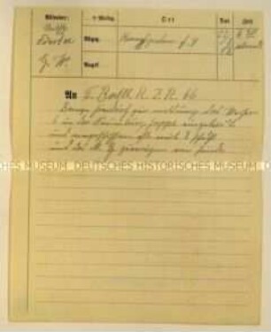 Handschriftlich ausgefüllter Vordruck zur Meldung über den aktuellen Verlauf des Kriegsgeschehens; Morgenmeldung an das II. Battalion Reserve-Infanterie-Regiment 66, Uhrzeit 6:20 Uhr