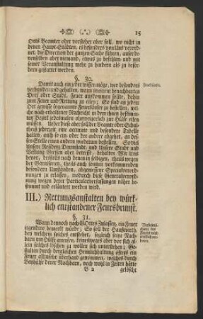 III.) Rettungsanstalten bey würklich entstandener Feursbrunst.