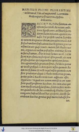 Marsilii Ficini in librum de Vita, ad magnanimum Laurentium Medicen patriae servatorem, Epistola dedicatoria.