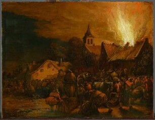 Nächtliche Feuersbrunst in einem Kirchdorf