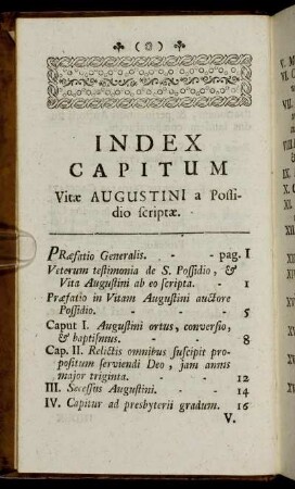 Index Capitum Vitæ Augustini a possidio scriptæ.