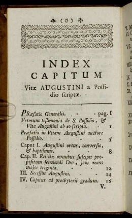 Index Capitum Vitæ Augustini a possidio scriptæ.