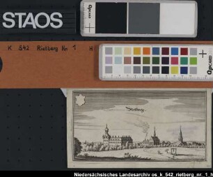Ansicht der Stadt Rietberg. Ausf.-Art: Kupferstich Herst.: Matthäus Merian Format: 9 x 18 cm Maßstab: