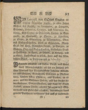 WIR Leopold von GOttes Gnaden erwehlter Römischer Kayser, zu allen Zeiten ...