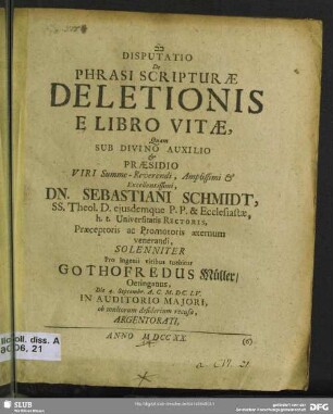 Disputatio De Phrasi Scripturae Deletionis E Libro Vitae
