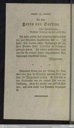 Anfang der Antwort des Hrn. de Sartine auf den Brief des Hrn. de Vergennes