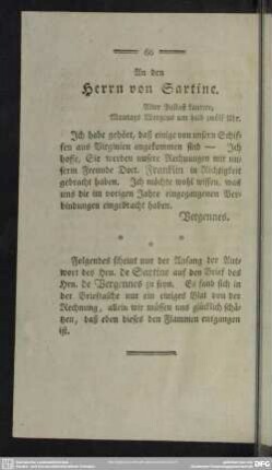 Anfang der Antwort des Hrn. de Sartine auf den Brief des Hrn. de Vergennes