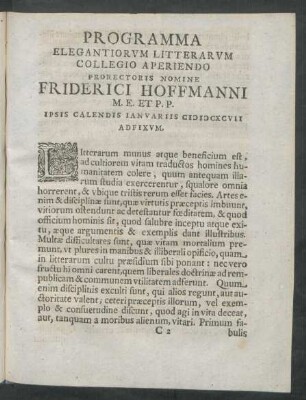 Programma Elegantiorum Litterarum Collegio Aperiendo Prorectoris Nomine Friderici Hoffmanni ...