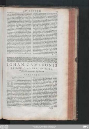 Iohan. Cameronis Responsio Ad Praecedentem Viri docti anonymi Epistolam.