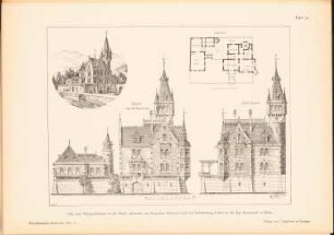 Villa eines Weingutbesitzers an der Mosel: Perspektivische Ansichte, Ansichten, Grundriss (aus: Architekt. Rundschau, hrsg.v. Eisenlohr & Weigle, 1894)