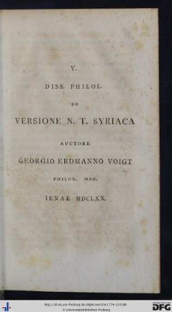 V. Diss. Philol. De Versione N. T. Syriaca.