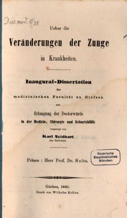 Ueber die Veränderungen der Zunge in Krankheiten : Inaugural-Dissertation ...
