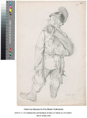 Soldat mit Gepäck (Handskizze, signiert, Bleistift)