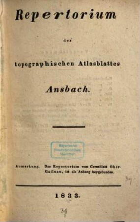 Repertorium des topographischen Atlasblattes ..., [39/38]. Ansbach