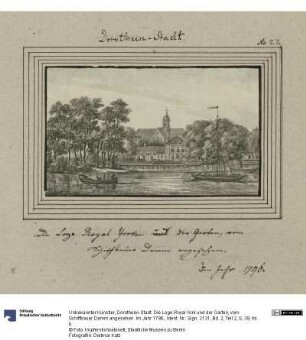Dorotheen-Stadt. Die Loge Royal York und der Garten, vom Schiffbauer Damm angesehen. Im Jahr 1796.