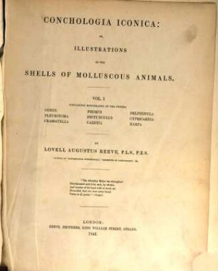 Conchologia iconica: or, illustrations of the shells of molluscous animals. I