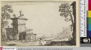 [Landschaft mit Gebäude und Reiter]