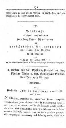 III. Beiträge einiger verstorbenen Hamburgischer Physicorum zur gerichtlichen Arzneikunde aus ihren Handschriften
