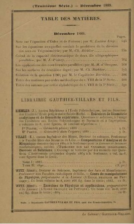 Table des matières. Décembre 1889.