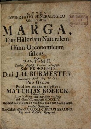 Diss. mineral. georgica de marga : eius historiam naturalem et usum oeconomicum sistens