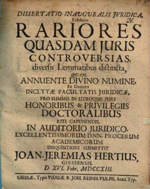 Diss. inaug. iur. exhibens rariores quasdam iuris controversias