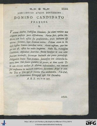 Nobilissimo Atque Doctissimo Domino Candidato Praeses S.