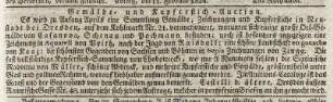 Gemälde- und Kupferstich-Auktion 1824, Anzeige : Annonce für eine "Gemälde- und Kupferstich-Auction ... " im April 1824 in Dresden-Neustadt, Kohlmarkt 24., (versteigert wird der Nachlass von Carl Samuel Christoph Castelli. Auktionator: Carl Ernst Heinrich). Aus: Leipziger Zeitung : Amtsblatt des Königlichen Landgerichts und des Königlichen Amtsgerichts Leipzig sowie der Königlichen Amtshauptmannschaft Leipzig. 1824. Nr. 38, vom 13.2.1824, S. 397. Dresden: SLUB 1824.01.01/06.30