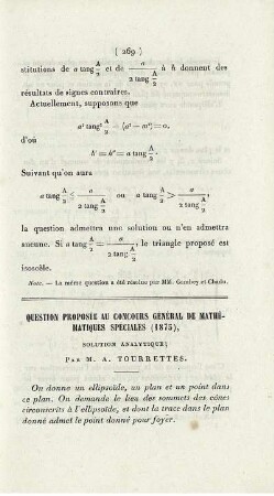 Questions proposée au concours général de mathématiques spéciales (1875).
