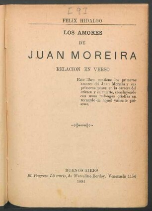 Los amores de Juan Moreira : relación en verso