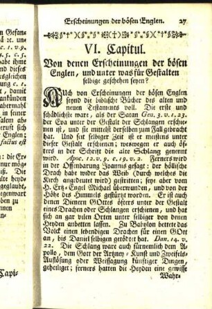 VI. Capitul. Von denen Erscheinungen der bösen Englen, und unter was für Gestalten selbige geschehen seyen?